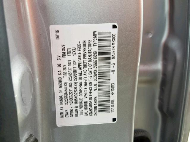 3CZRM3H55GG713893 - 2016 HONDA CR-V EX SILVER photo 10