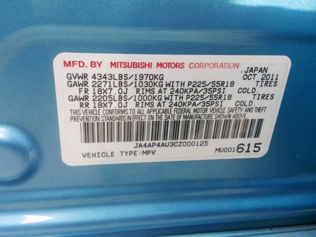 JA4AP4AU3CZ000125 - 2012 MITSUBISHI OUTLANDER BLUE photo 10