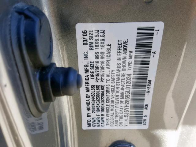 5J6YH28695L012034 - 2005 HONDA ELEMENT EX GRAY photo 10