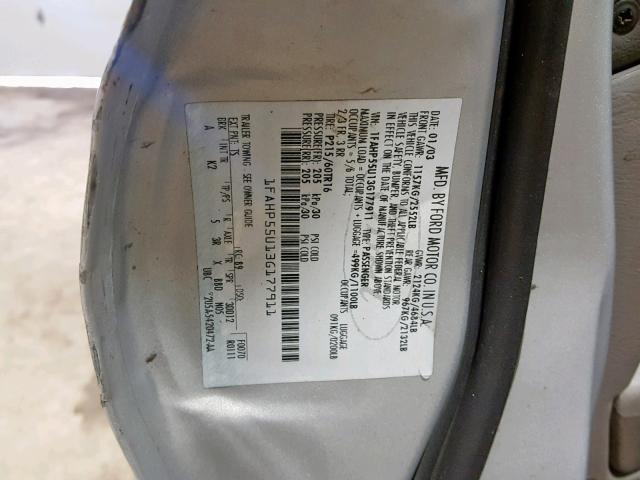 1FAHP55U13G177911 - 2003 FORD TAURUS SES SILVER photo 10