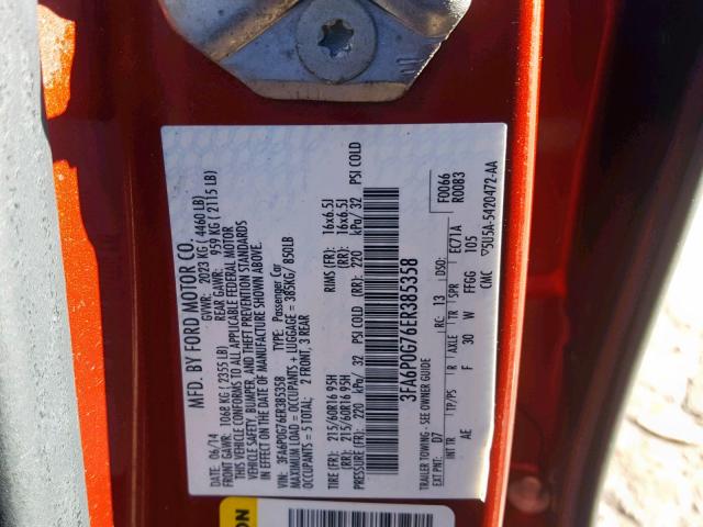 3FA6P0G76ER385358 - 2014 FORD FUSION S RED photo 10