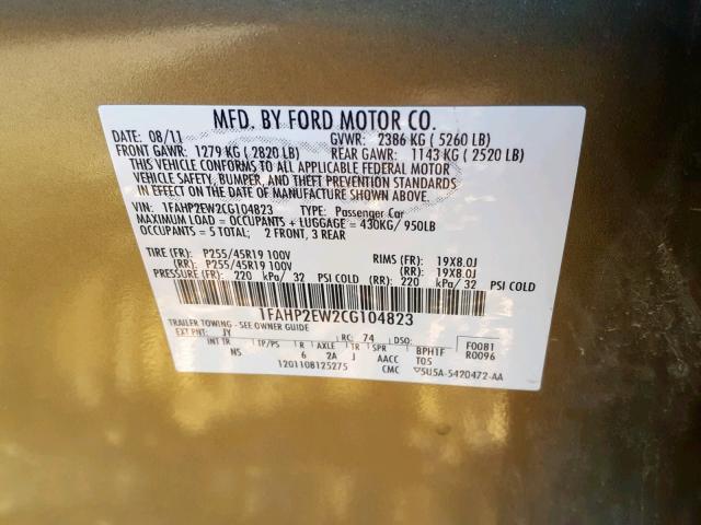 1FAHP2EW2CG104823 - 2012 FORD TAURUS SEL GREEN photo 10