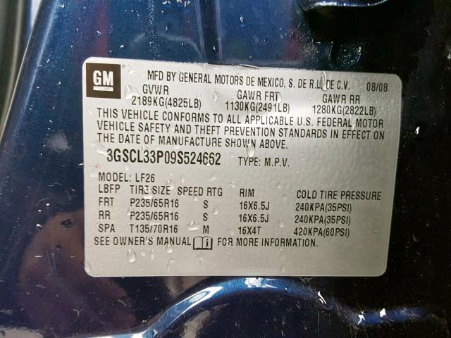 3GSCL33P09S524662 - 2009 SATURN VUE XE BLUE photo 10