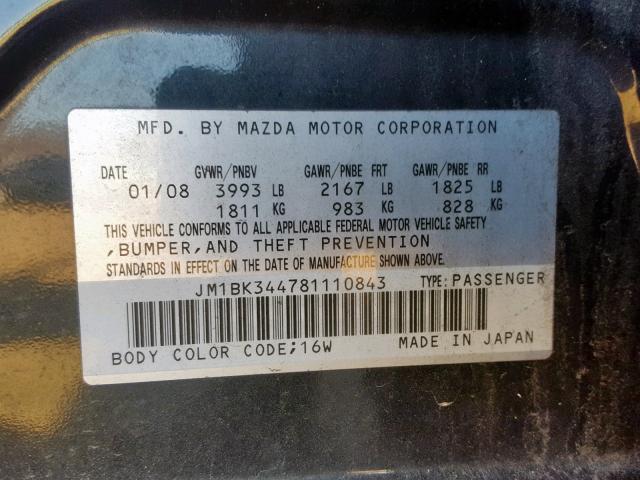 JM1BK344781110843 - 2008 MAZDA 3 HATCHBAC BLACK photo 10