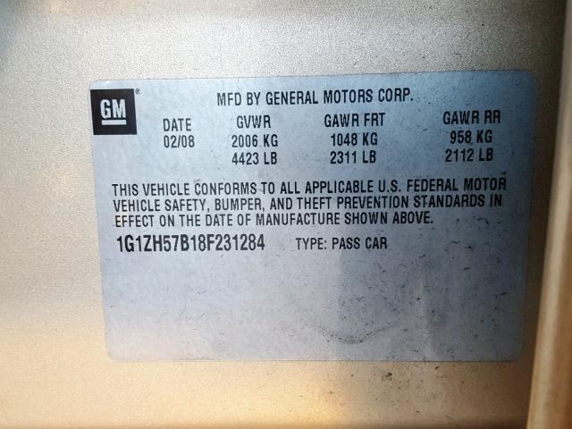 1G1ZH57B18F231284 - 2008 CHEVROLET MALIBU 1LT 金色 照片 10