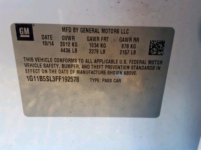 1G11B5SL3FF192578 - 2015 CHEVROLET MALIBU LS 白色 照片 10