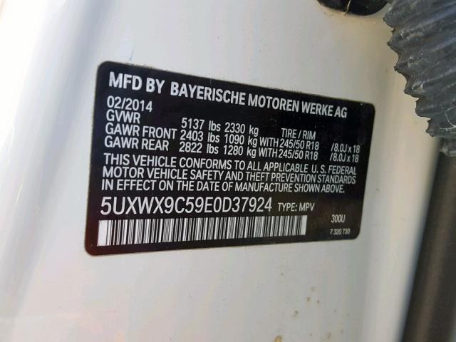 5UXWX9C59E0D37924 - 2014 BMW X3 XDRIVE2 WHITE photo 10