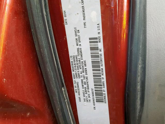 4S3BH625746305737 - 2004 SUBARU LEGACY L S BURGUNDY photo 10