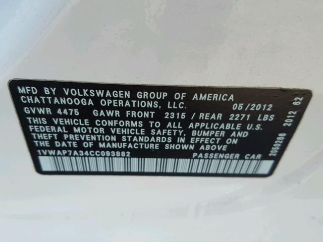 1VWAP7A34CC093882 - 2012 VOLKSWAGEN PASSAT S WHITE photo 10