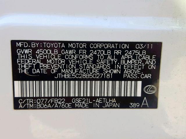 JTHBE5C28B5027181 - 2011 LEXUS IS 350 WHITE photo 10