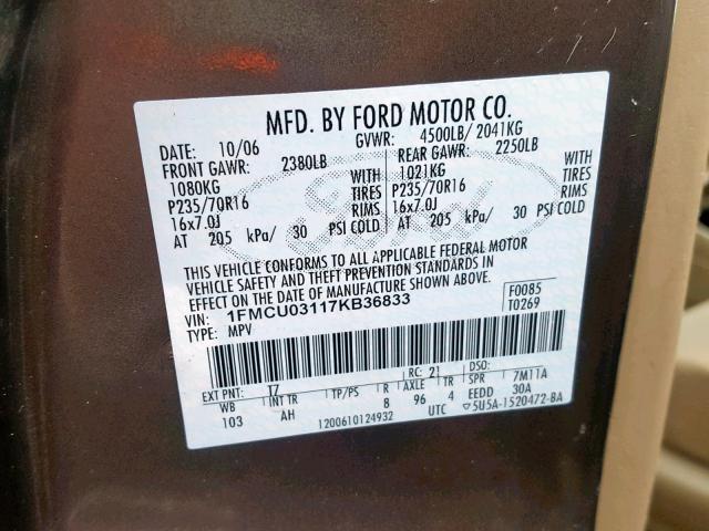 1FMCU03117KB36833 - 2007 FORD ESCAPE XLT GRAY photo 10