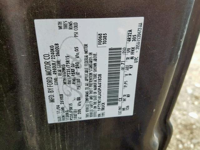 1FTYR14U45PA41838 - 2005 FORD RANGER SUP GRAY photo 10