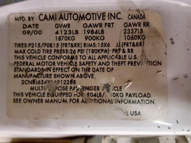 2CNBJ634X16912288 - 2001 CHEVROLET TRACKER LT WHITE photo 10