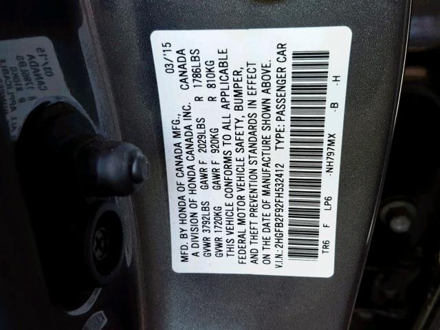 2HGFB2F92FH532412 - 2015 HONDA CIVIC EXL CHARCOAL photo 10