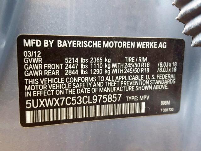 5UXWX7C53CL975857 - 2012 BMW X3 XDRIVE3 SILVER photo 10