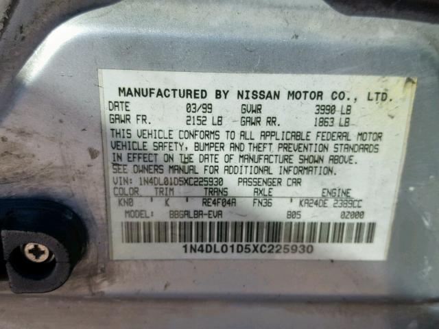 1N4DL01D5XC225930 - 1999 NISSAN ALTIMA XE SILVER photo 10