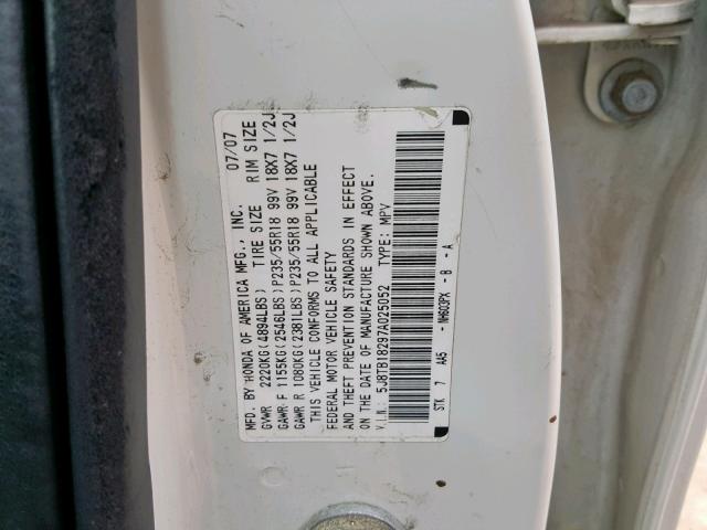 5J8TB18297A025052 - 2007 ACURA RDX WHITE photo 10