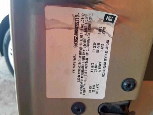 1G1ZS53886F259396 - 2006 CHEVROLET MALIBU LS 金色 照片 10