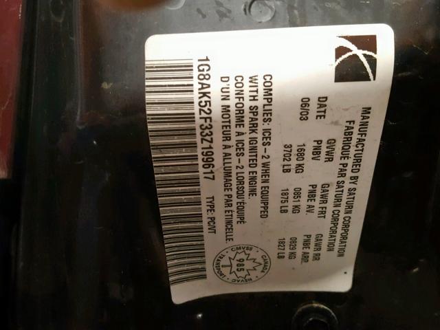 1G8AK52F33Z199617 - 2003 SATURN ION LEVEL 勃艮第红 照片 10