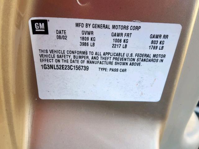 1G3NL52E23C156739 - 2003 OLDSMOBILE ALERO GL GOLD photo 10