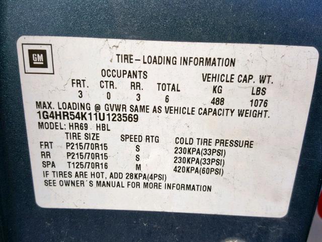 1G4HR54K11U123569 - 2001 BUICK LESABRE LI BLUE photo 10