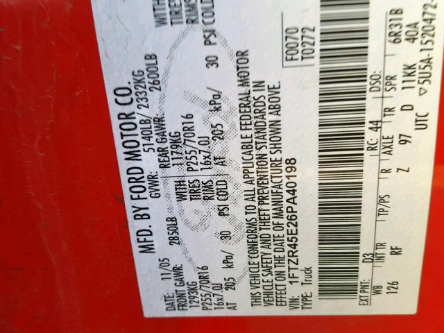 1FTZR45E26PA40198 - 2006 FORD RANGER SUP RED photo 10