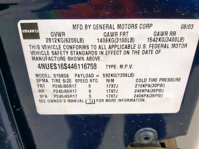 4NUES16S446116758 - 2004 ISUZU ASCENDER S 蓝色 照片 10