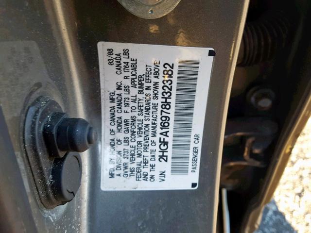 2HGFA16978H323182 - 2008 HONDA CIVIC EXL GRAY photo 10