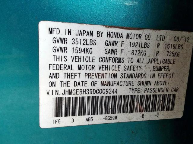 JHMGE8H39DC009344 - 2013 HONDA FIT TEAL photo 10