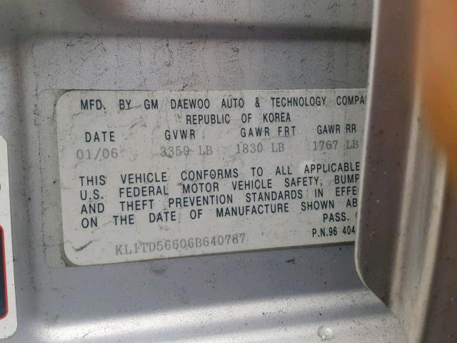 KL1TD56606B640787 - 2006 CHEVROLET AVEO BASE Gümüş foto 10