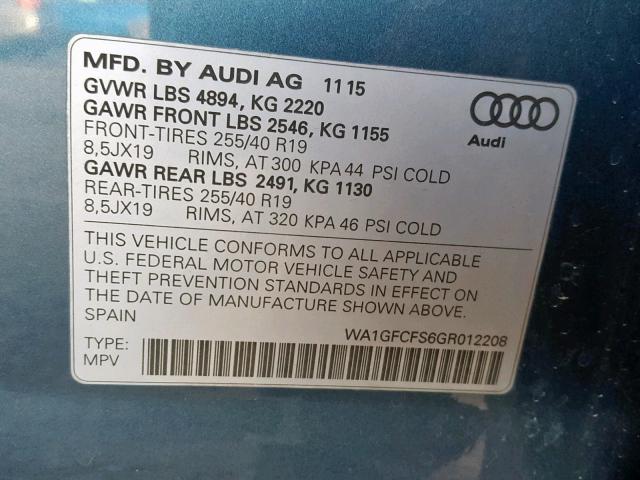 WA1GFCFS6GR012208 - 2016 AUDI Q3 PRESTIG BLUE photo 10