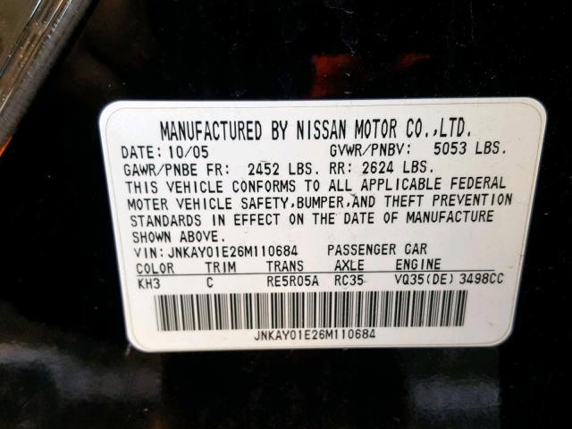 JNKAY01E26M110684 - 2006 INFINITI M35 BASE BLACK photo 10