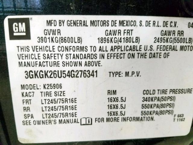 3GKGK26U54G276341 - 2004 GMC YUKON XL K GRAY photo 10