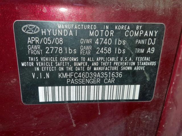 KMHFC46D39A351636 - 2009 HYUNDAI AZERA GLS MAROON photo 10