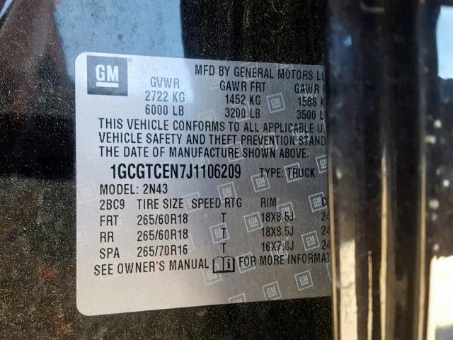 1GCGTCEN7J1106209 - 2018 CHEVROLET COLORADO L BLACK photo 10