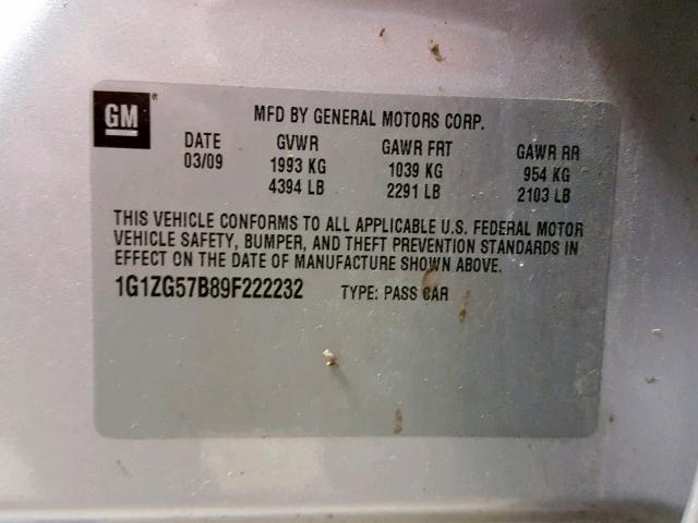 1G1ZG57B89F222232 - 2009 CHEVROLET MALIBU LS 银色 照片 10