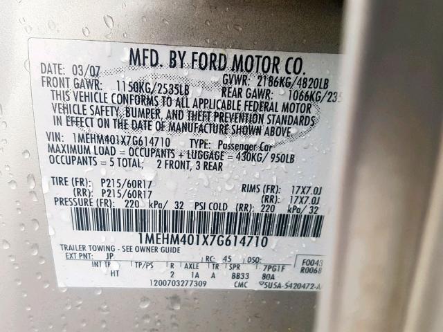 1MEHM401X7G614710 - 2007 MERCURY MONTEGO LU SILVER photo 10