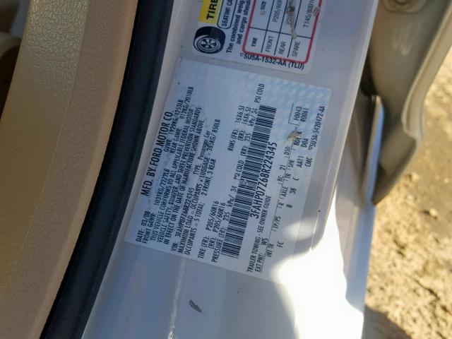 3FAHP07Z68R224345 - 2008 FORD FUSION SE WHITE photo 10