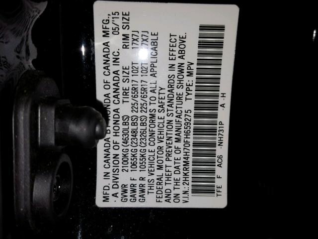 2HKRM4H70FH659275 - 2015 HONDA CR-V EXL BLACK photo 10