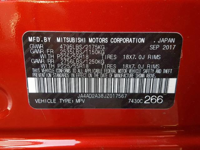 JA4AD2A38JZ017567 - 2018 MITSUBISHI OUTLANDER BURGUNDY photo 10