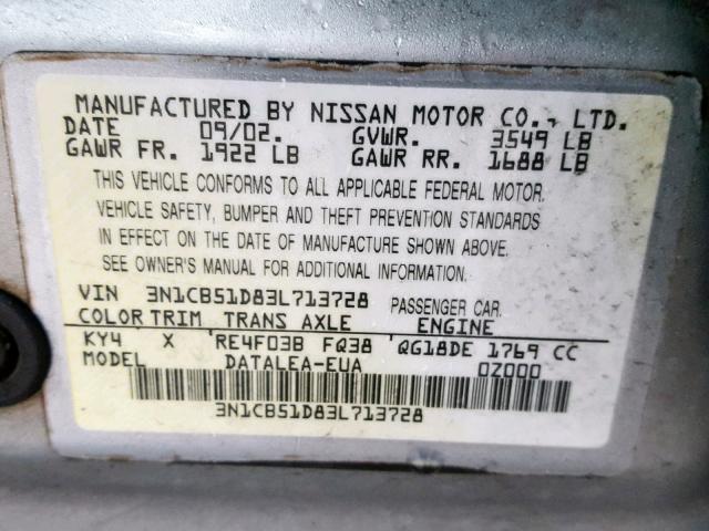 3N1CB51D83L713728 - 2003 NISSAN SENTRA XE WHITE photo 10