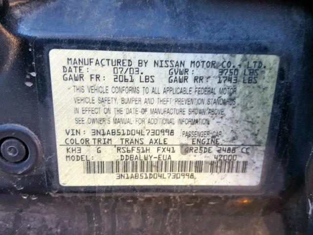 3N1AB51D04L730998 - 2004 NISSAN SENTRA SE- BLACK photo 10