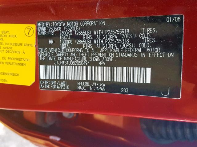 JTJHW31U082050494 - 2008 LEXUS RX 400H RED photo 10