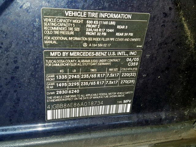 4JGBB86E86A018734 - 2006 MERCEDES-BENZ ML 350 BLUE photo 10