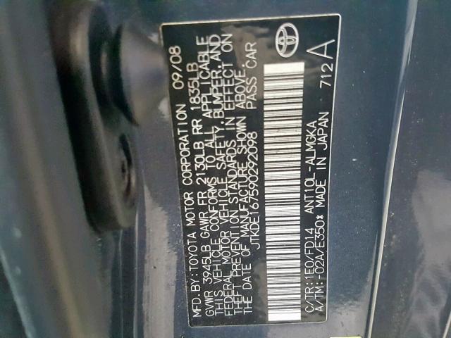 JTKDE167590292098 - 2009 TOYOTA SCION TC 灰色 照片 10
