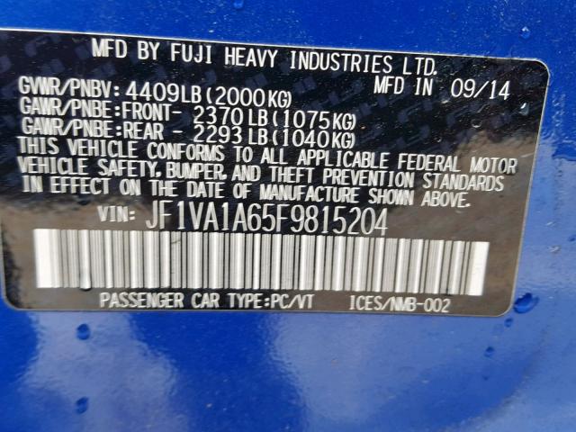 JF1VA1A65F9815204 - 2015 SUBARU WRX BLUE photo 10