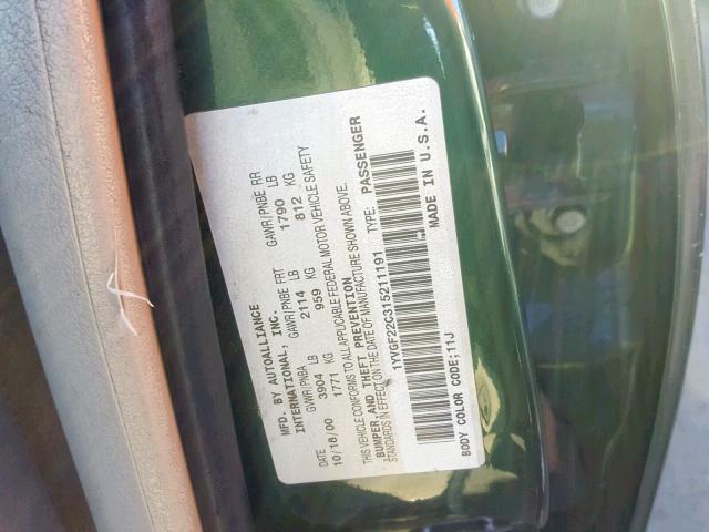 1YVGF22C315211191 - 2001 MAZDA 626 ES GREEN photo 10