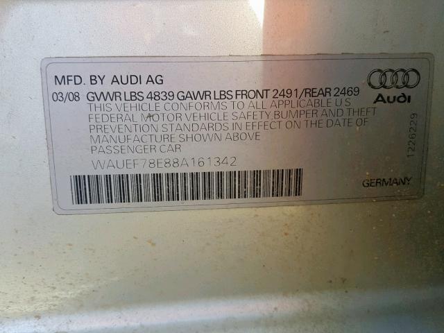 WAUEF78E88A161342 - 2008 AUDI A4 S-LINE SILVER photo 10