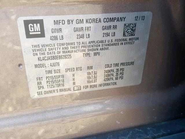 KL4CJASB0EB628225 - 2014 BUICK ENCORE BEIGE photo 10