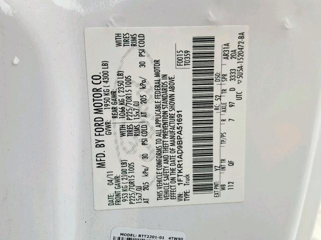 1FTKR1AD9BPA51691 - 2011 FORD RANGER WHITE photo 10